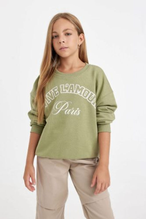 K?z Cocuk Yesil Relax Fit Bisiklet Yaka Bask?l? Sweatshirt