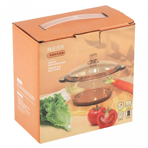 Кастрюля стеклянная "Гурман" 0,85л, д15,9см, h7,5см, основание д11,2см, общая h12,5см, стеклянная крышка ручка-кнопка, 2 ручки, янтарный перламутровый, в коробке (Китай)