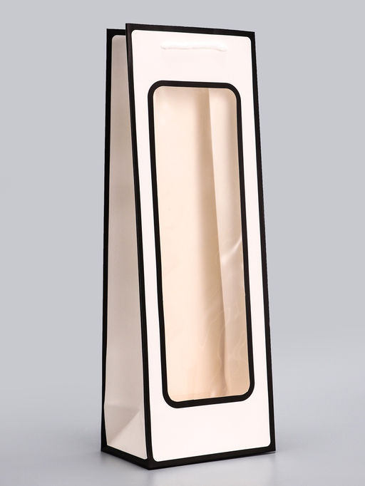 Цена за 12 шт. Пакет подарочный под бутылку, с PVC окном, 12.5×8.5×36 см, белый с чёрной каймой