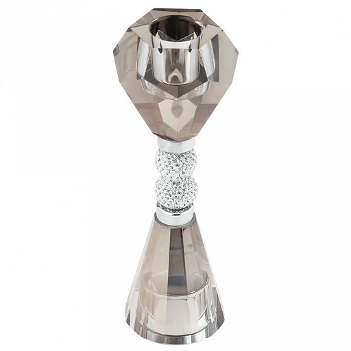 Подсвечник стеклянный "Гроза" h16см, чаша д4см, h2,5см, отвинчивающаяся, основание д5см, двухсторонний, 2 шарма с кристаллами, дымчатый, в коробке (Китай)