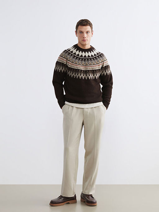 Bisiklet Yaka Desenli Erkek Triko Kazak