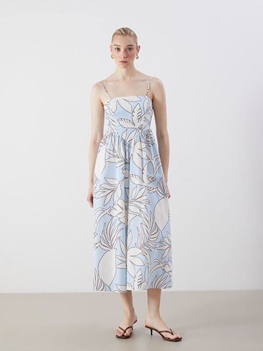 Kare Yaka ?i?ekli Poplin Elbise