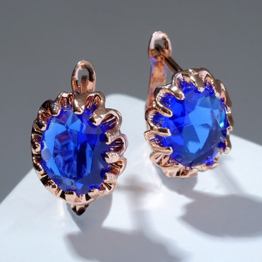 Серьги со стразами «Эдель» овал кружево, синие в розовом золоте