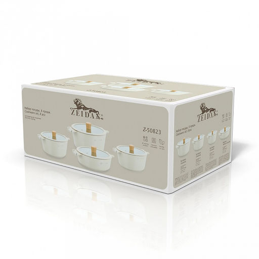 "Zeidan" Набор посуды из литого алюминия 8 предметов: кастрюли 6,6л д28см, 4,4л д24см, 2,4л д20см, жаровня 4л д28см, стеклянные крышки, силиконовый ободок, деревянная ручка, внутреннее антипригарное покрытие, внешнее жаропрочное покрытие, подарочная