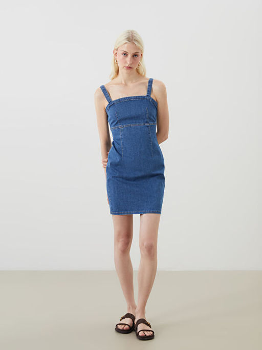 Kare Yaka Ask?l? Mini Jean Elbise