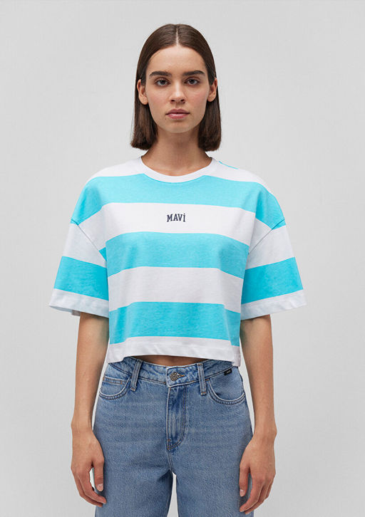 Mavi Logo Bask?l? Mavi Cizgili Crop Tisort  фото 3