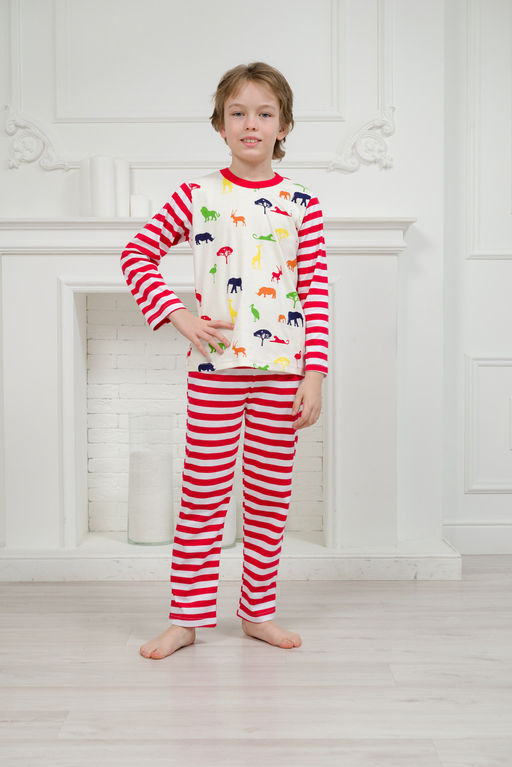 Пижама детская из джемпера и брюк без манжет из интерлока Сафари красный полоса - Амадэль фото 9