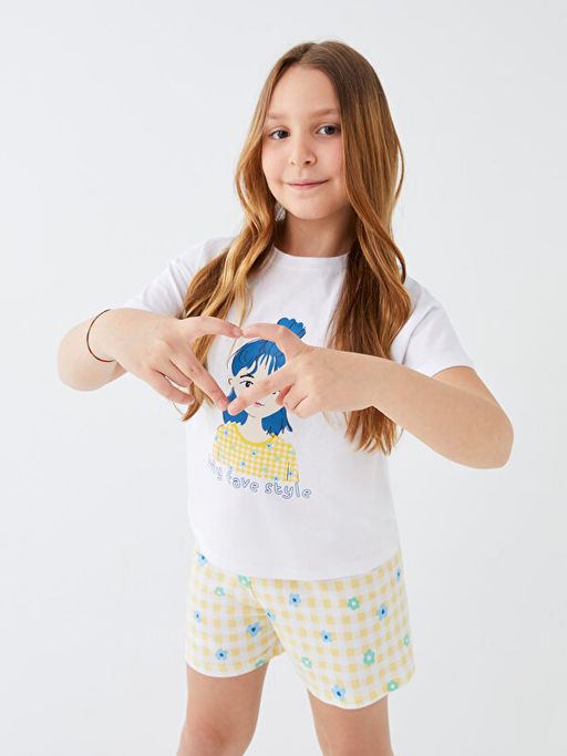 Bisiklet Yaka Bask?l? K?sa Kollu K?z ?ocuk ?ortlu Pijama Tak?m? - Waikiki фото 2