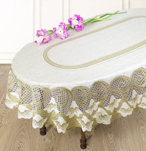 Скатерть арт. 230411/140/3, овальная, размеры 140 см х 240 см, цвет кремово-золотистый
