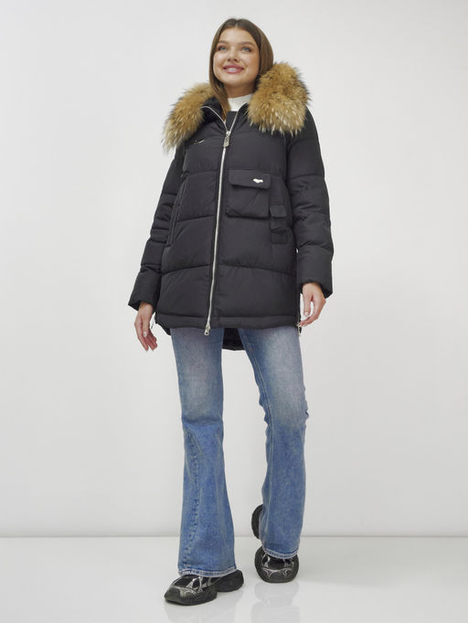 Куртка Бренд Visdeer ПРЕМИУМ КЛАССА зимняя с мехом ЕНОТА, черного цвета