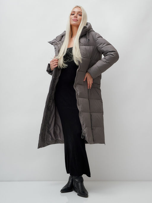 Пальто утепленное стеганное зимнее с капюшоном женское темно-серого цвета 9606TC