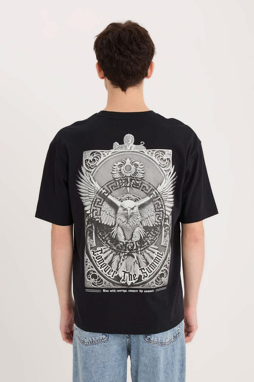 %100 Pamuk Boxy Fit Bisiklet Yaka S_rt Bask_l_ K_sa Kollu Ti__rt