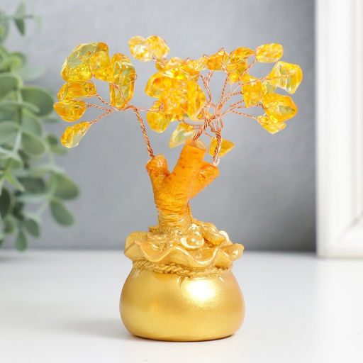 Бонсай декоративный «Денежное дерево с янтарём в золотом мешке», 36 камней, 11.5×4.5×4.5 см, МИКС