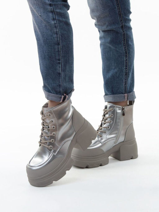 01-F591-2 GREY/SILVER Ботинки демисезонные женские (натуральная кожа, искусственная кожа)