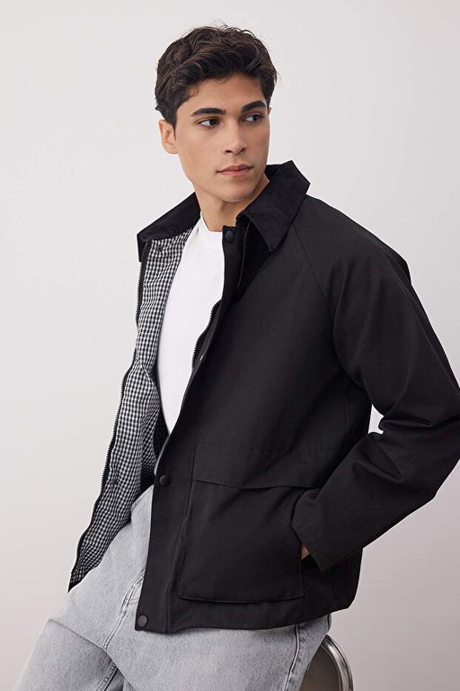 Siyah Regular Fit Kadife Yaka Detayl_ Unisex Mevsimlik Mont TMNAW25MO00017 - Trendyolmilla фото 2