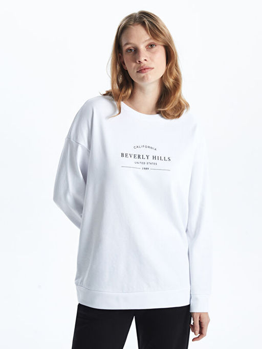 Bisiklet Yaka Bask?l? Oversize Kad?n Kal?n Sweatshirt