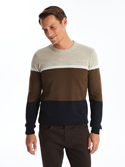 Bisiklet Yaka Uzun Kollu Renk Bloklu Erkek Triko Kazak