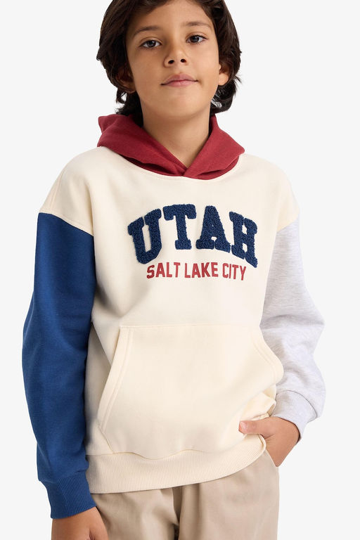 Oversize Geni_ Kal_p Kap__onlu Bask_l_ __i Yumu_ak T_yl_ Sweatshirt Erkek _ocuk - Defacto фото 4