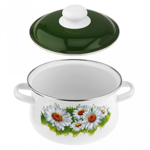 "Ромашки лето" Кастрюля эмалированная 2л, д17см, h12,5см, коническая форма, металлическая крышка, ободок из нержавеющей стали, белый (Россия)