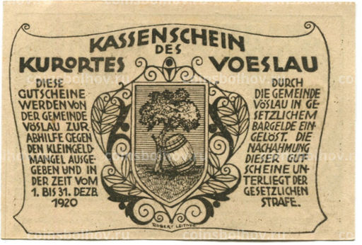 Банкнота 20 геллеров 1920 года Австрия  Фёслау (нотгельд)