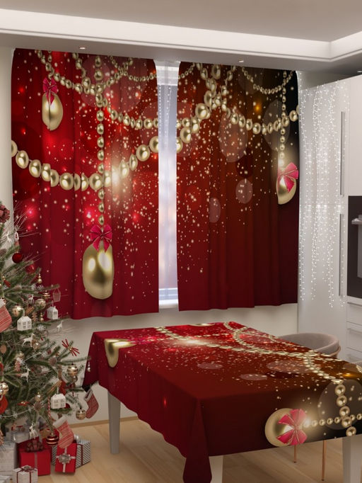 Фотошторы для кухни Новогодняя коллекция 275 Шторы (Габардин)+Скатерть (145*145)