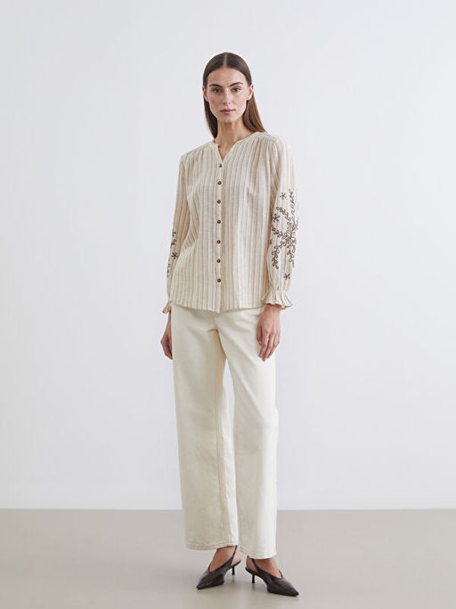 Ka??k Yaka ?izgili Keten Kar???ml? Kad?n G?mlek