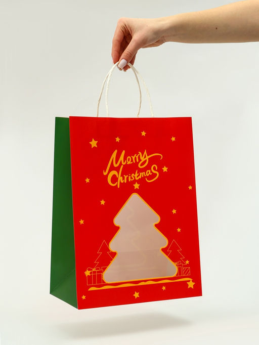 Пакет подарочный бумажный с окном «Ёлка» 26×35×16 см, крафт красный