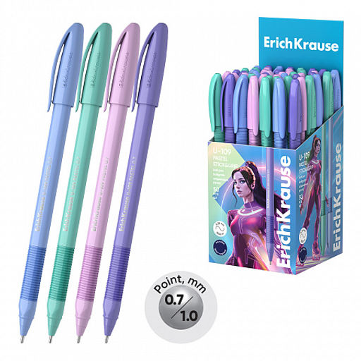 Цена за 50 шт. Ручка шариковая ErichKrause U-109 Stick&Grip Pastel 0.7, Ultra Glide Technology, цвет чернил синий (в коробке по 50 шт.)