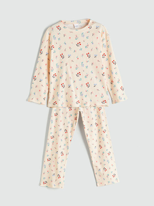 Bisiklet Yaka ?i?ekli K?z ?ocuk Pijama Tak?m?