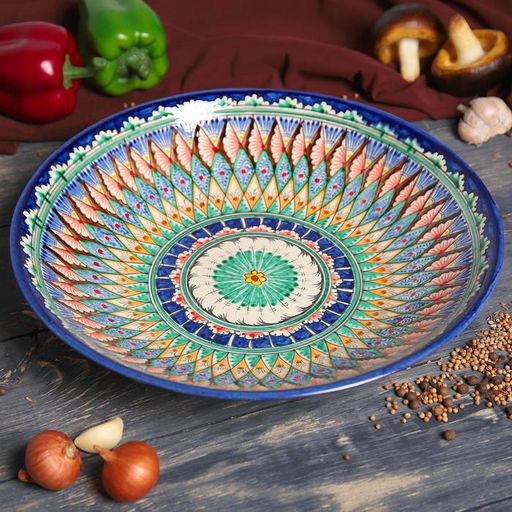 Ляган узбекский Риштанская керамика «Узоры», для плова, d=33 см, глубокий, синий