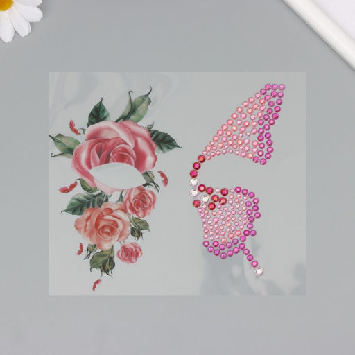 Наклейка - стразы на лицо Крыло бабочки и розовые розы, 16?17 см