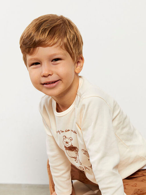 Bisiklet Yaka Uzun Kollu Winnie the Pooh Bask?l? Erkek Bebek Pijama Tak?m? - Waikiki фото 3