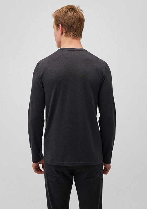 Uzun Kollu Gri Basic Tisort - Mavi фото 4