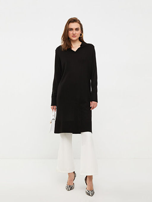 Polo Yaka D?z Uzun Kollu Kad?n Triko Tunik