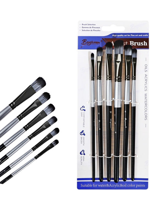 Набор кистей для рисования, синтетика, 6 штук: № 2, 4, 6, 8, 10, 12, плоские, закругленные, чёрно - серые, международный размер