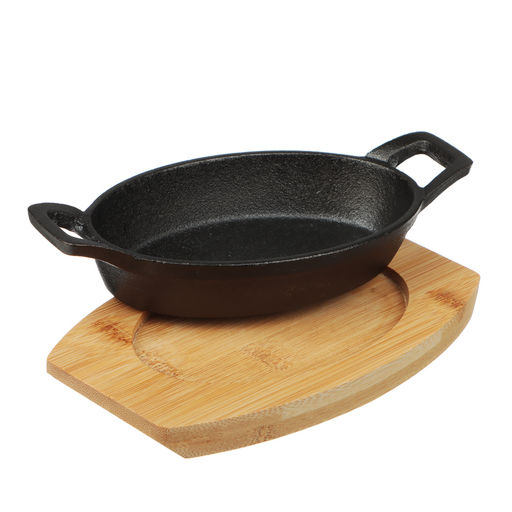 SATOSHI Сковорода мини 15*9,8 см на подставке из бамбука чугун, овальная индукция арт. 808-040