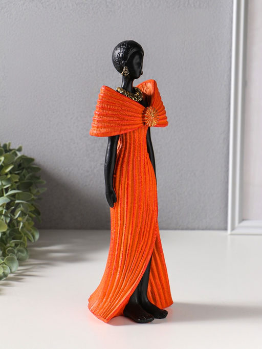 Сувенир полистоун "Девушка в ярко-оранжевом платье с большим бантом" чёрный 11х9,5х30,5 см   1092991