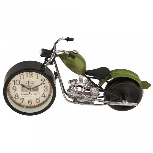 Часы настольные интерьерные "Мотоцикл" 30х8х15см, циферблат с рисунком, бежевый; цифры арабские, черный; фара - кристалл, корпус металл, черный матовый/зеленый; в коробке (Китай)