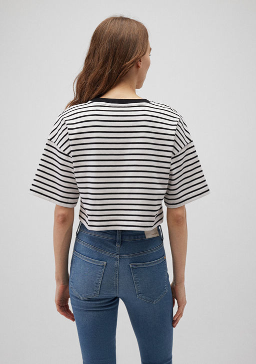 Siyah Cizgili Crop Tisort - Mavi фото 4