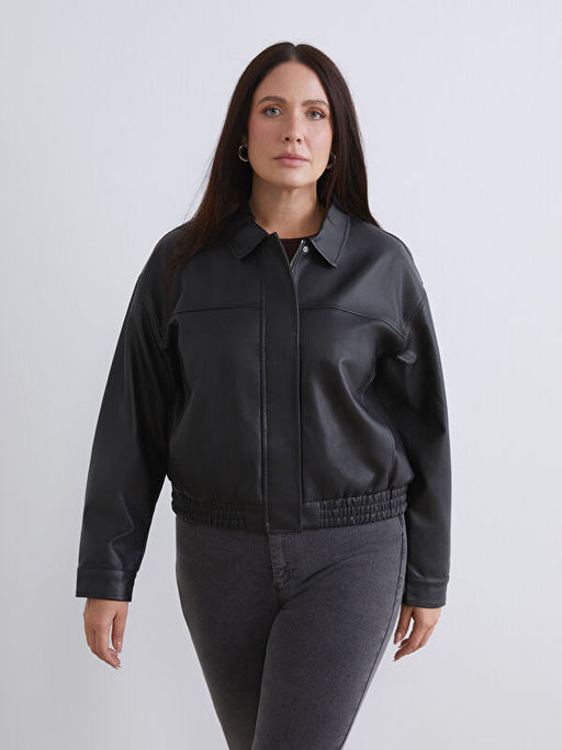 G?mlek Yaka Kad?n Deri G?r?n?ml? Ceket