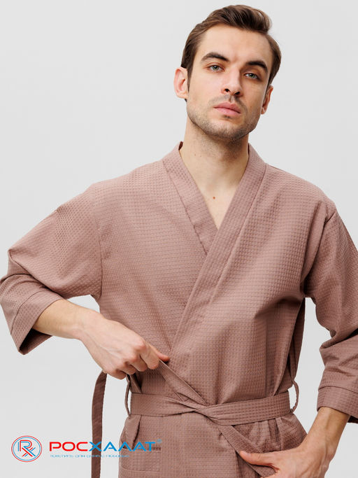 Мужской укороченный вафельный халат с планкой коричневый В-05 (21)