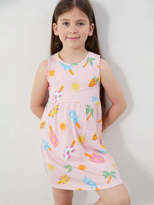 Bisiklet Yaka Bask?l? K?z ?ocuk Penye Elbise