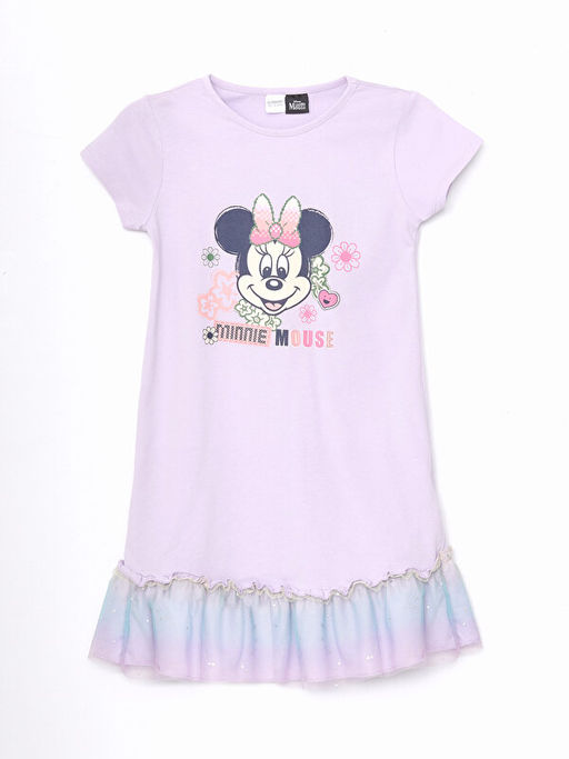 Bisiklet Yaka Minnie Mouse Bask?l? K?sa Kollu K?z ?ocuk Elbise