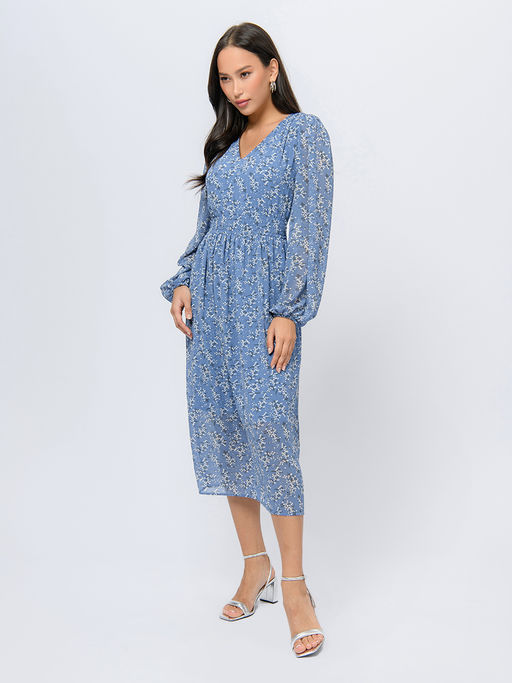 Платье голубого цвета длины миди с цветочным принтом и V-образным вырезом - 1001dress фото 3