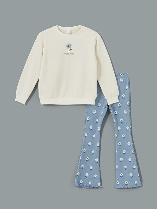 Bisiklet Yaka ?i?ekli K?z Bebek Sweatshirt ve Tayt 2li