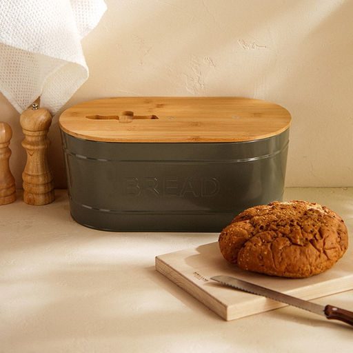 Хлебница металлическая с бамбуковой крышкой SL Home «каса Перфекто», 2 предмета: хлебница 36×20×15.5 см, длина ножа 28.3 см