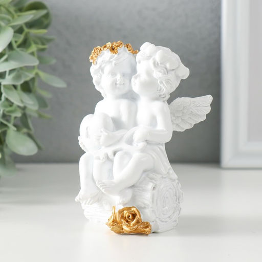 Фигурка полистоун Белоснежные ангелочки на брёвнышке - сердце и ключик, 7.5?7?10.5 см