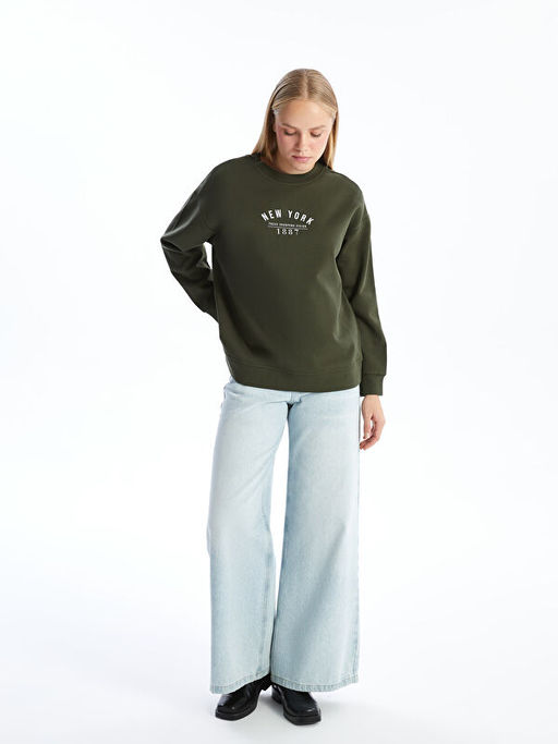 Bisiklet Yaka Bask?l? Oversize Kad?n Kal?n Sweatshirt