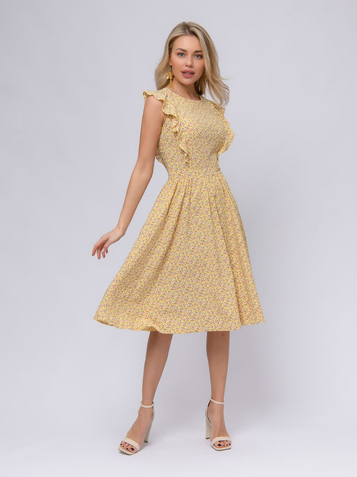 Платье желтого цвета с принтом длины миди и воланами на плечах - 1001dress фото 2