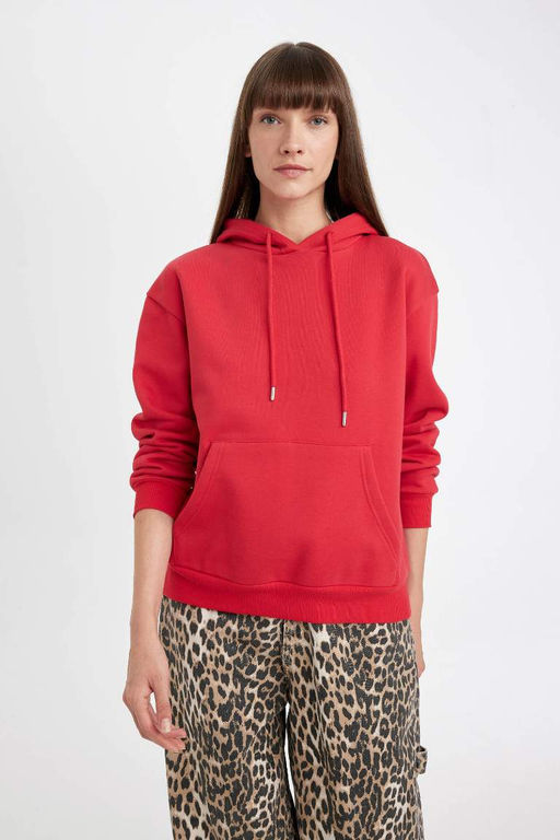 Женская красная толстая базовая однотонная толстая толстая базовая толстовка с капюшоном и карманом-кенгуру Relax Fit - Defacto фото 3